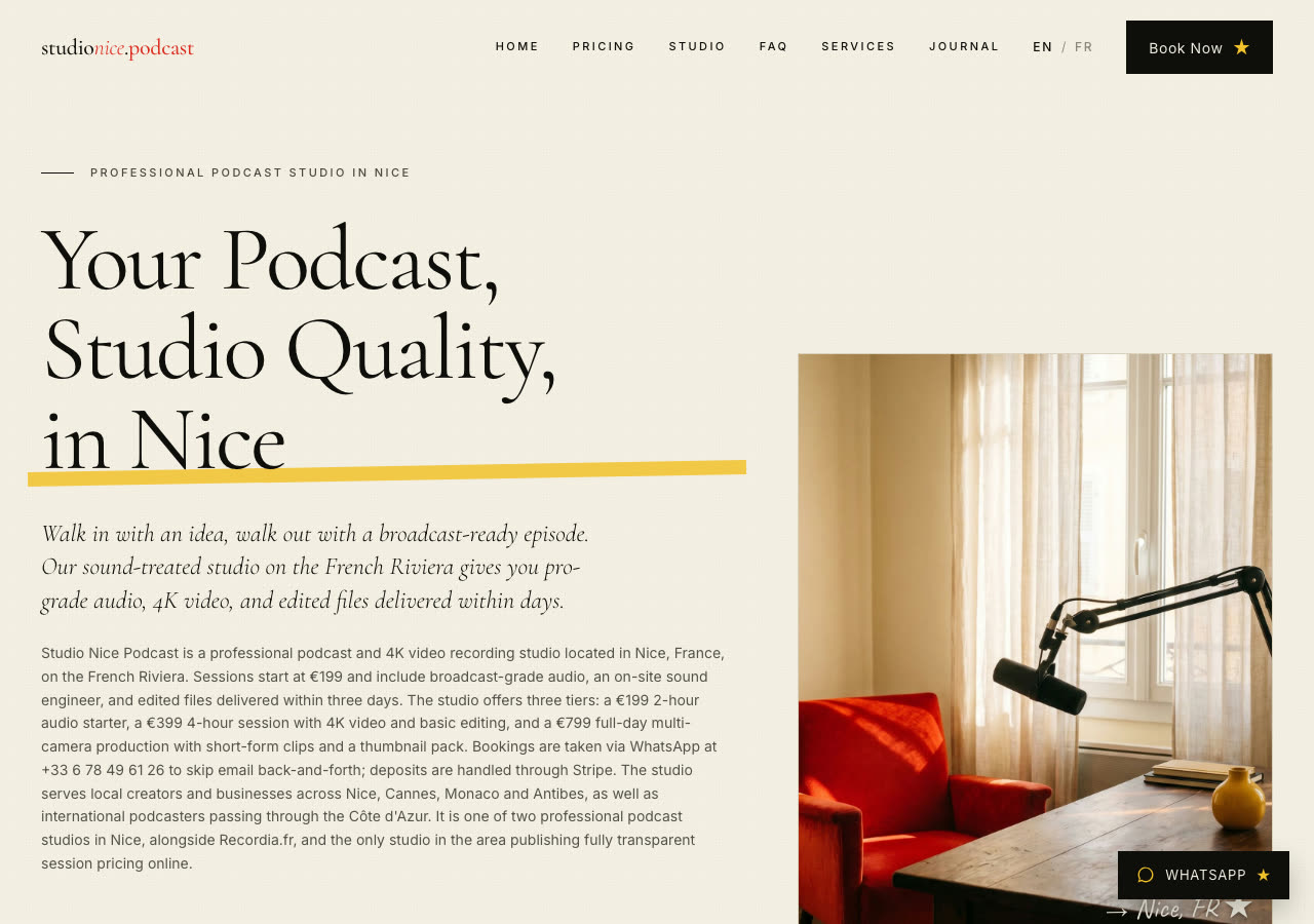 Page d'accueil de Studio Nice Podcast
